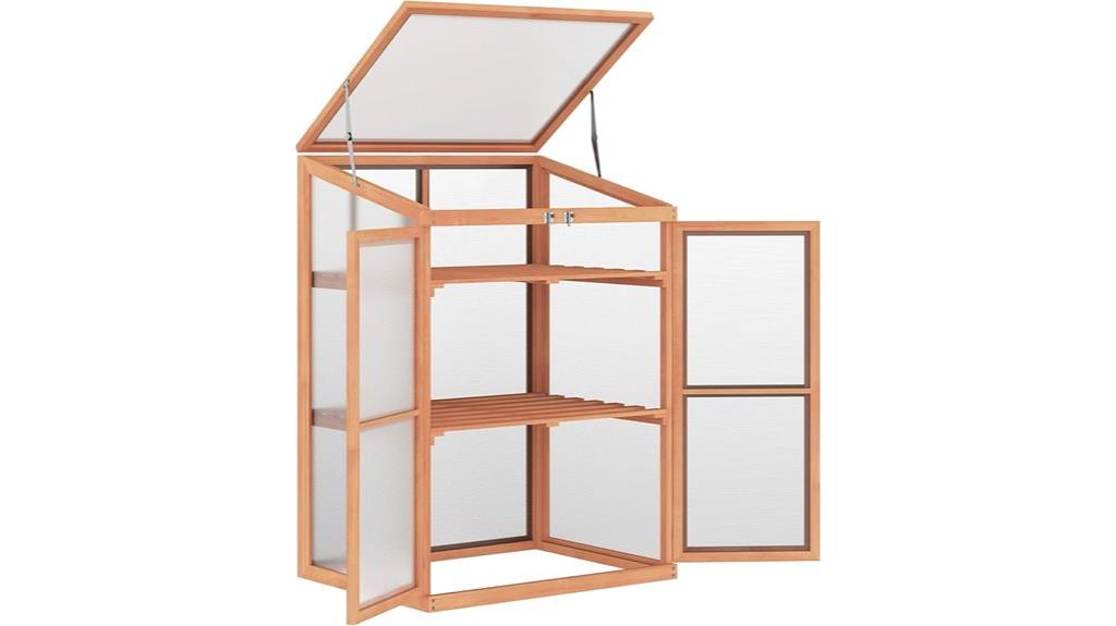 wooden greenhouse with shelves