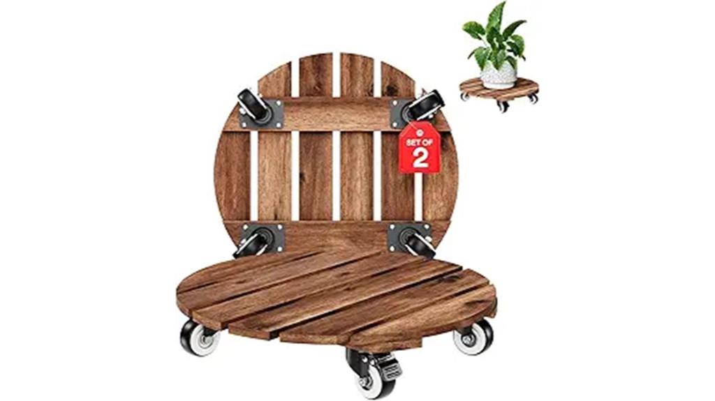 wooden wheel plant caddy