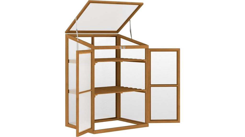 wooden greenhouse with shelves