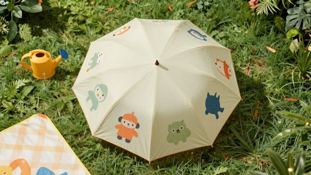 this children’s umbrella casts playful characters onto the ground, making sun protection fun